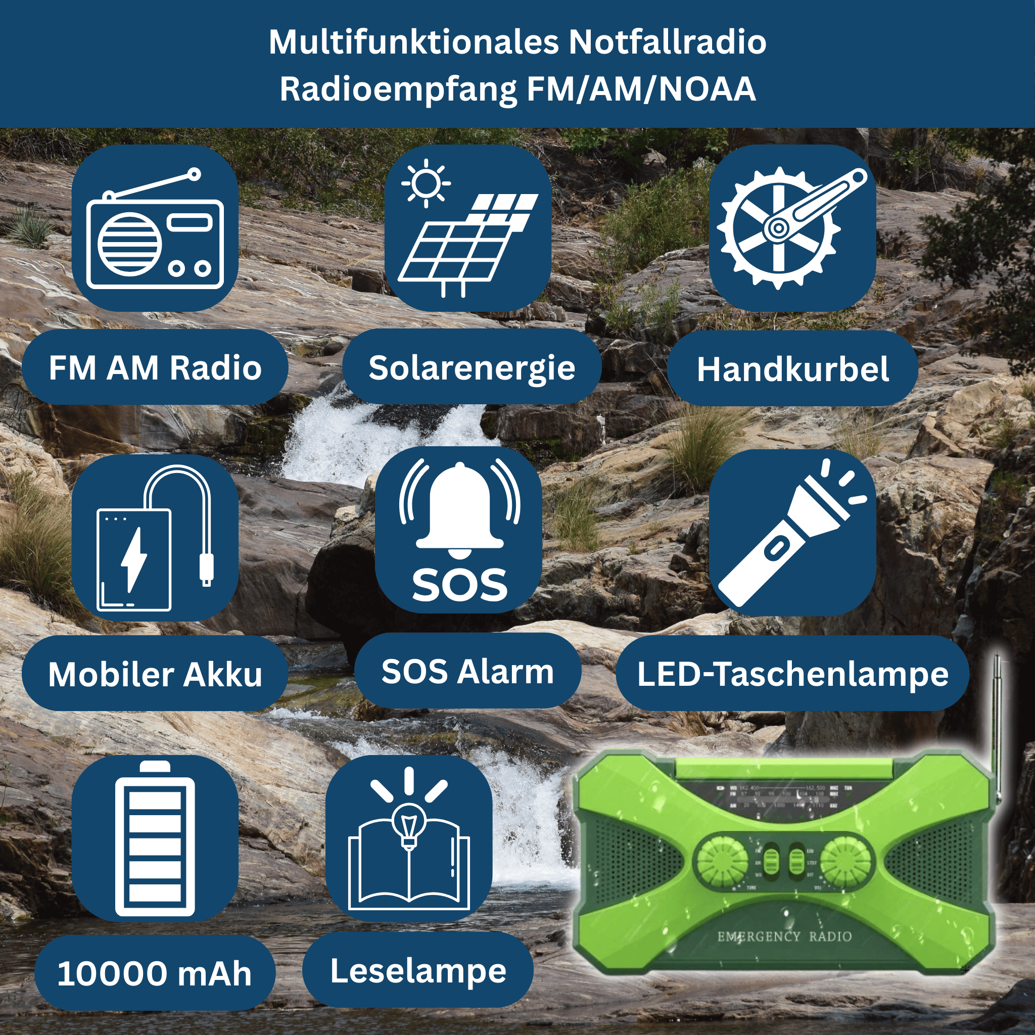 Power noodradio 10.000 mAh – zonne-energie, zwengel, LED & SOS
