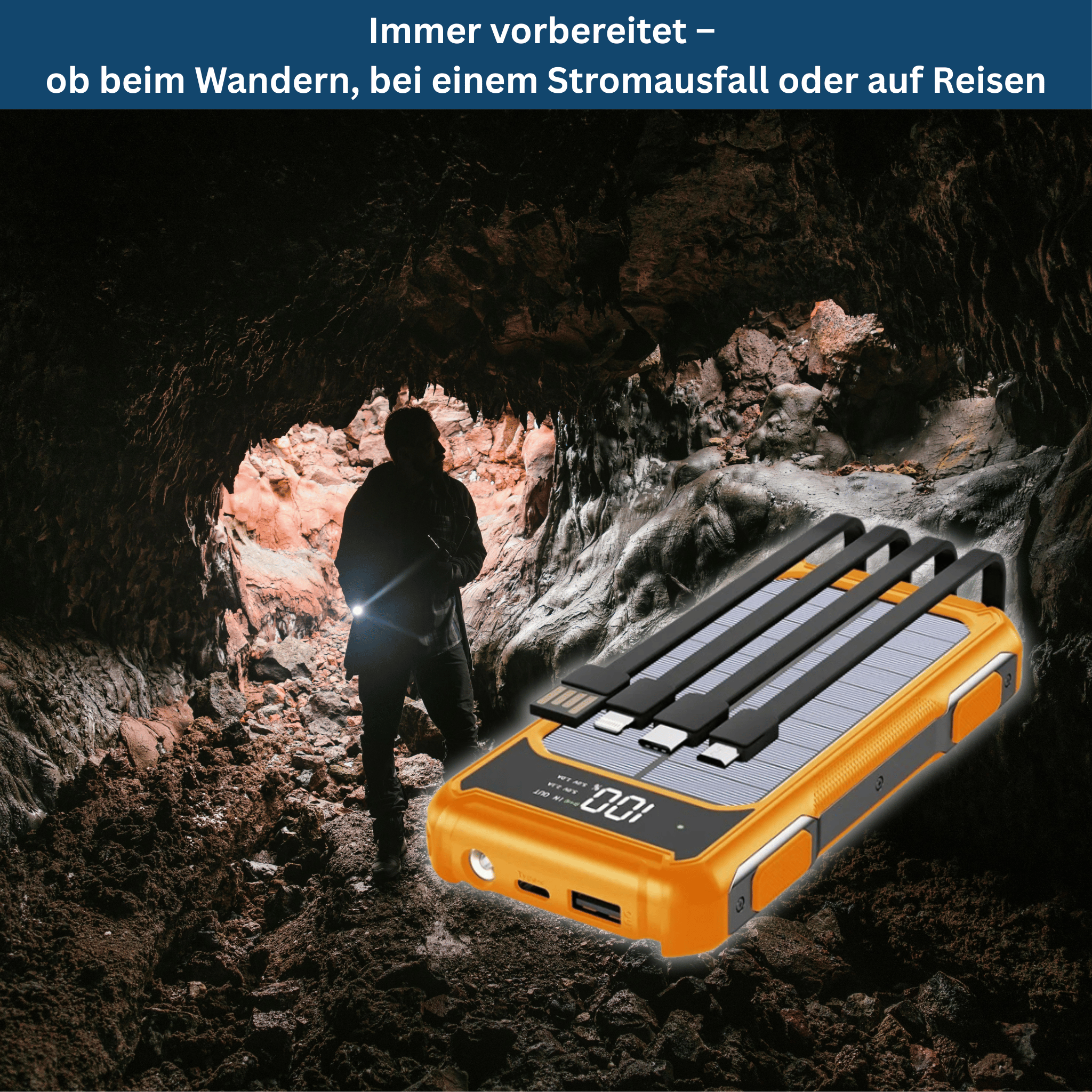 SolarCharge 20K – Kraftvolle Powerbank mit Kabel & LED-Anzeige