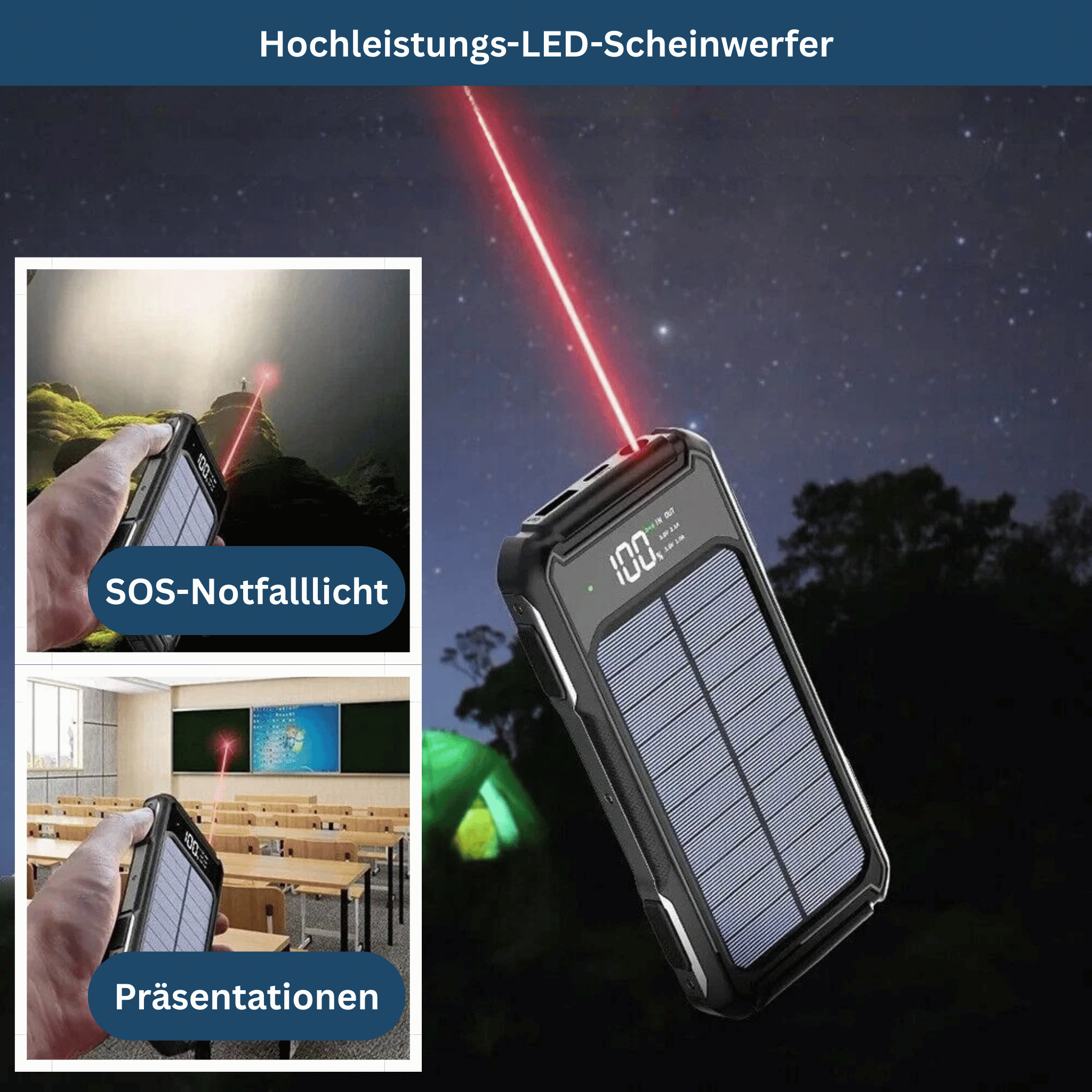 SolarCharge 20K – Kraftvolle Powerbank mit Kabel & LED-Anzeige