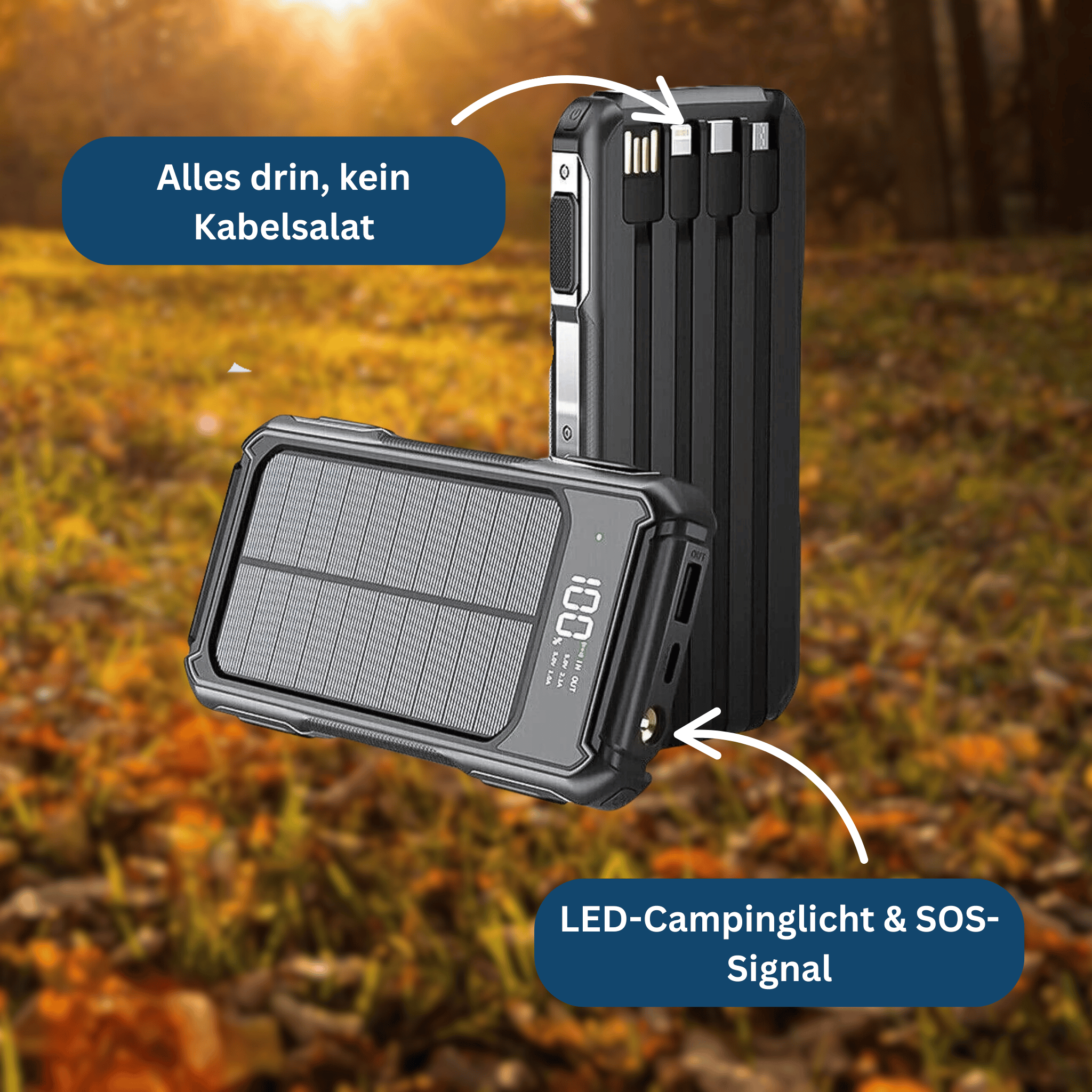 SolarCharge 20K – Kraftvolle Powerbank mit Kabel & LED-Anzeige