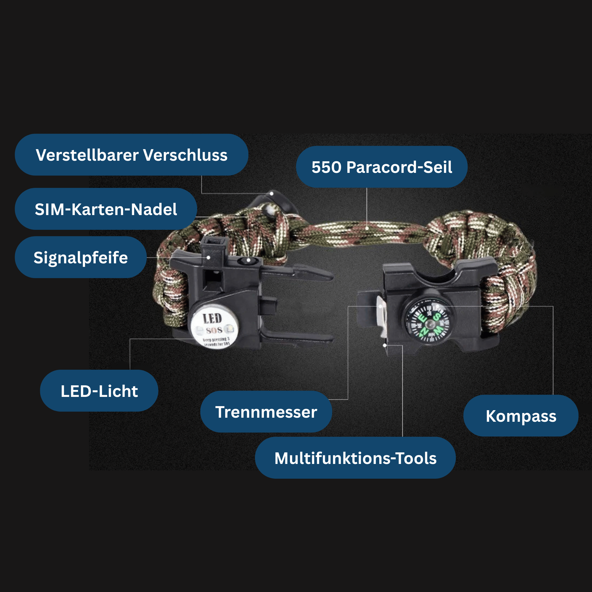 Survival Paracord Armband – Met LED & Kompas