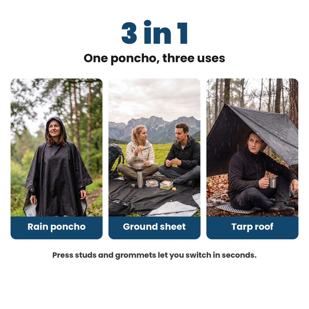 3 in 1: Regenponcho, Bodenmatte, Zeltdach