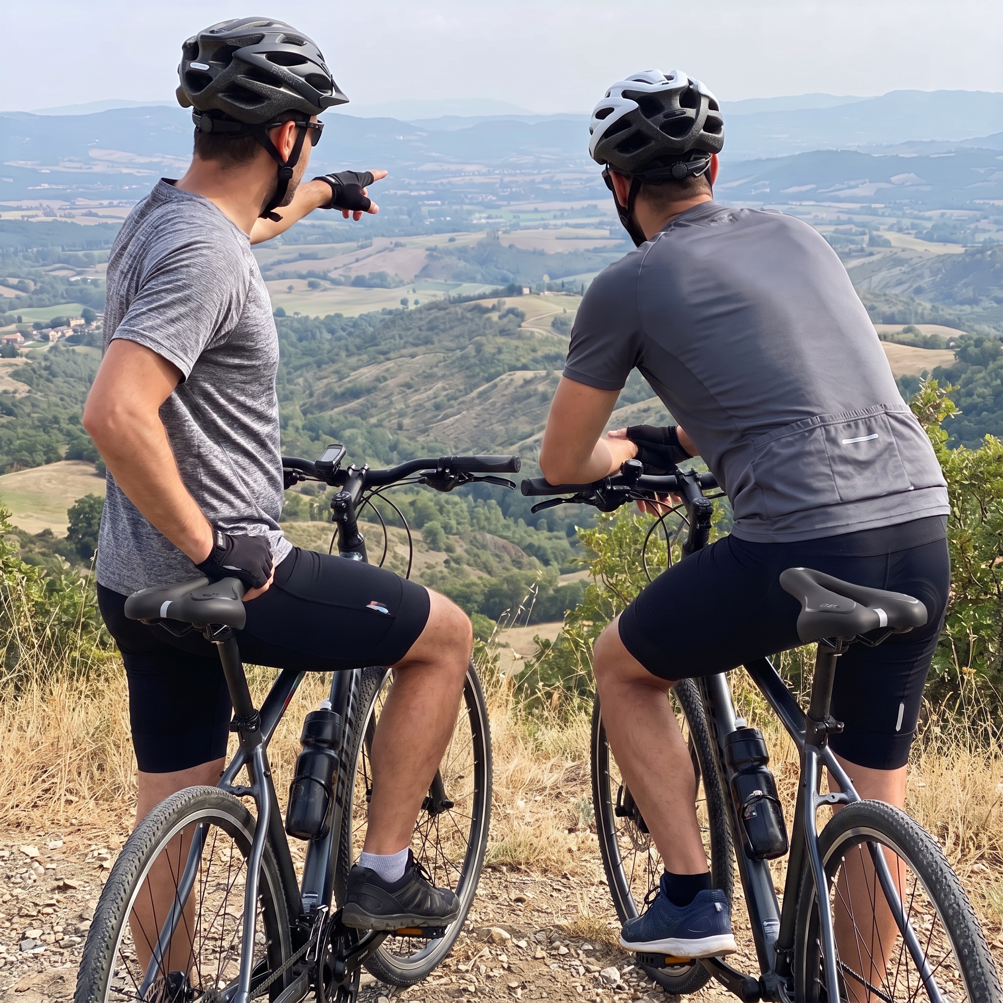 Zwei Männer auf langer Radtour mit Blick ins Tal
