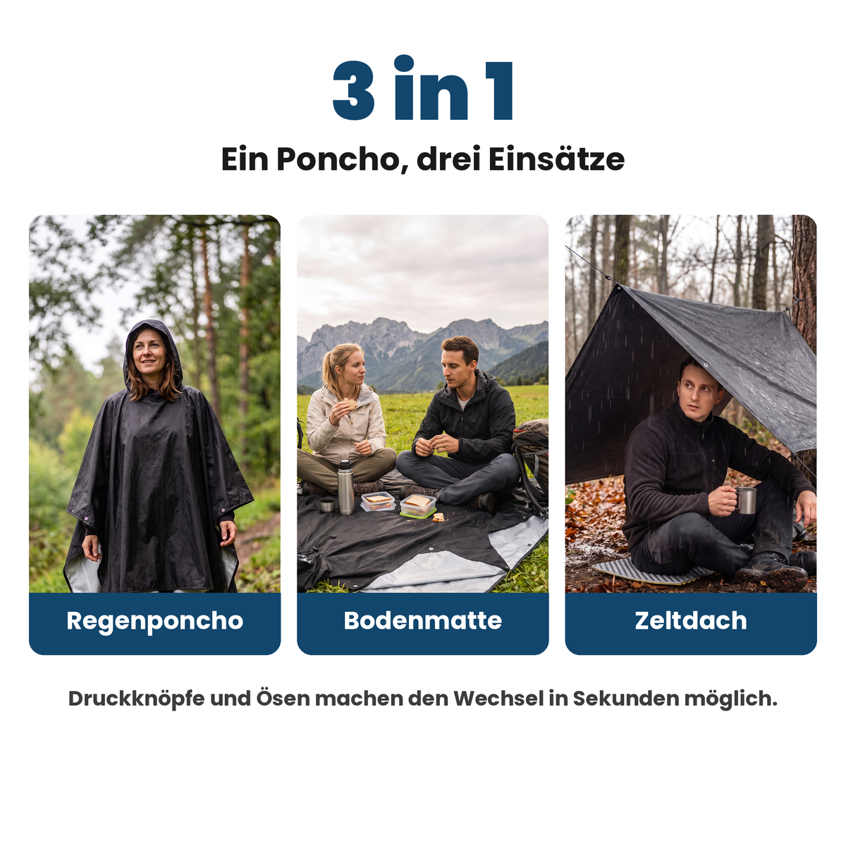 3 in 1: Regenponcho, Bodenmatte, Zeltdach