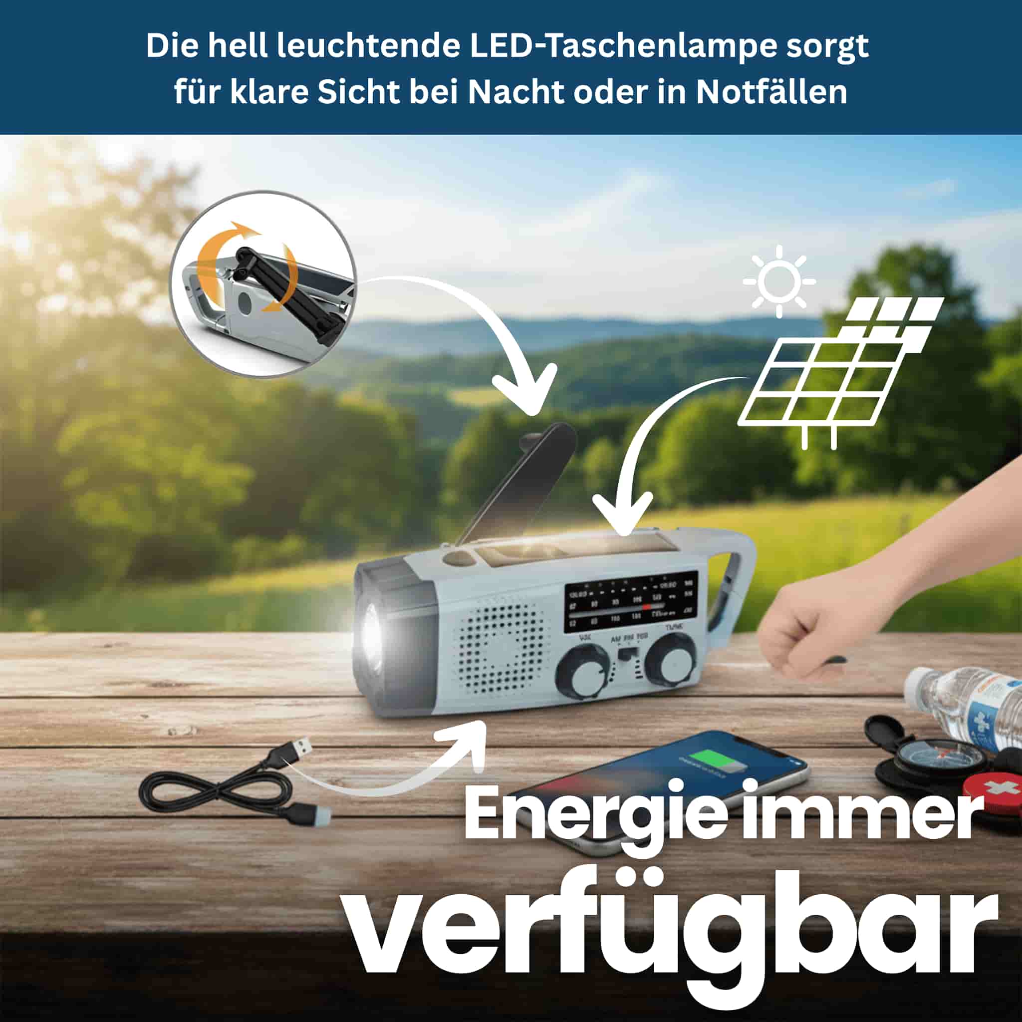 StormGuard 2000 – Solar-Notfallradio mit Kurbel, Licht & SOS