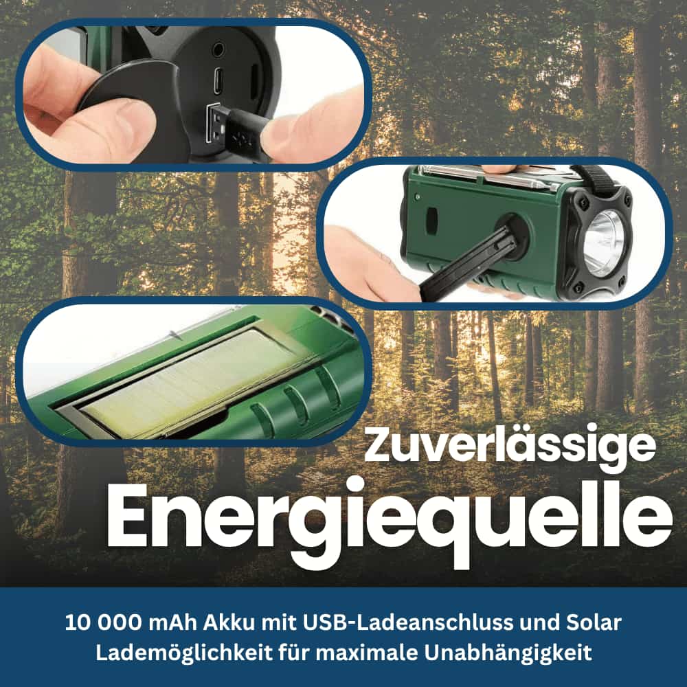 TrailGuard 10K – Solar Radio & Zaklamp met Handslinger